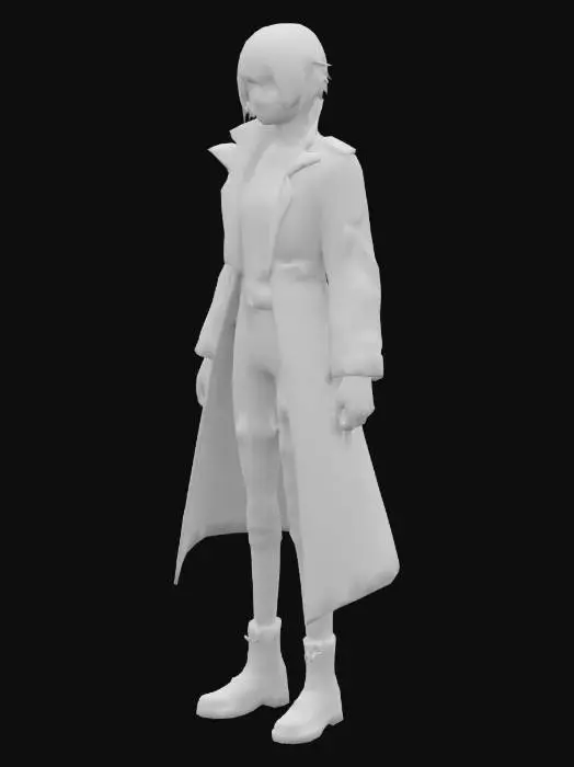 3D model for Generate a detailed 3D model of Kim Dokja from the manhwa Omniscient Reader's Viewpoint. He should appear in his iconic black combat outfit with tactical elements, a long black coat, dark boots, and short black hair. His face should have a sharp, calm, and determined expression, capturing his clever and calculating personality. Add a subtle aura effect around him to suggest his connection to scenarios and constellations. The style should stay faithful to the original manhwa’s semi-realistic anime design, with high attention to clothing folds, accessories, and facial details.