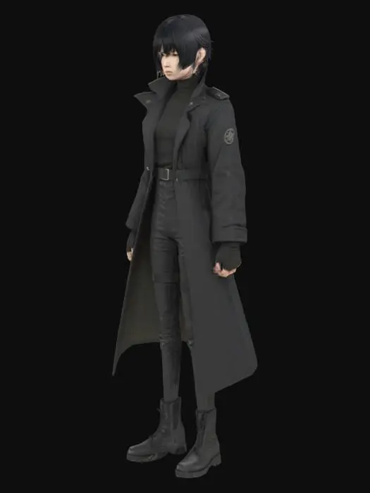 3D model for Generate a detailed 3D model of Kim Dokja from the manhwa Omniscient Reader's Viewpoint. He should appear in his iconic black combat outfit with tactical elements, a long black coat, dark boots, and short black hair. His face should have a sharp, calm, and determined expression, capturing his clever and calculating personality. Add a subtle aura effect around him to suggest his connection to scenarios and constellations. The style should stay faithful to the original manhwa’s semi-realistic anime design, with high attention to clothing folds, accessories, and facial details.
