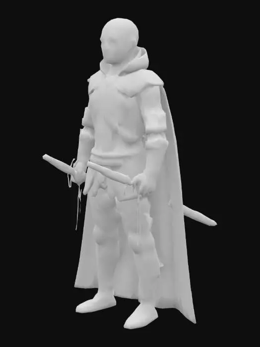 3D model for "Human male knight, dark fantasy style, lightweight armor of rugged leather and tattered cloth, intricate stitching, worn textures, subtle magical runes on leather chestplate, deep brown and black colors with faint crimson accents, short hooded cloak with frayed edges, holding a simple iron longsword with rune-etched hilt, confident pose, scarred face with short beard, optimized for Unreal Engine, detailed textures, symmetrical design."