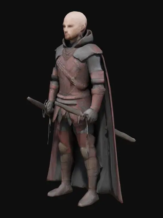 3D model for "Human male knight, dark fantasy style, lightweight armor of rugged leather and tattered cloth, intricate stitching, worn textures, subtle magical runes on leather chestplate, deep brown and black colors with faint crimson accents, short hooded cloak with frayed edges, holding a simple iron longsword with rune-etched hilt, confident pose, scarred face with short beard, optimized for Unreal Engine, detailed textures, symmetrical design."