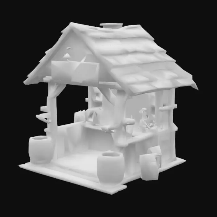 3D model for Low poly wooden mission stand for a Roblox-style game. Made of dark brown wood with a large sign that says "MISSIONS" on top. Rustic and vintage design, decorated with ropes, barrels, and rolled-up maps. Cozy and simple structure with an adventurous pirate-like vibe. Optimized topology and low polygon count, ideal for real-time games like Roblox