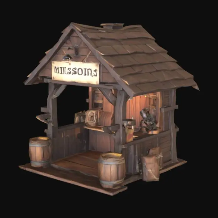 3D model for Low poly wooden mission stand for a Roblox-style game. Made of dark brown wood with a large sign that says "MISSIONS" on top. Rustic and vintage design, decorated with ropes, barrels, and rolled-up maps. Cozy and simple structure with an adventurous pirate-like vibe. Optimized topology and low polygon count, ideal for real-time games like Roblox