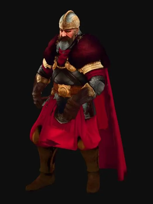 3D model for Full body humanoid Byzantine warlord standing straight in A-pose, arms slightly away from body, legs shoulder width apart, facing forward, heavy fur-trimmed leather armor with gold ornaments, battle-scarred face with short beard, leather face mask covering lower jaw, dark red and bronze color scheme, medieval fantasy warrior, low-poly stylized game character, clear distinct limbs, symmetrical body, single character on plain background