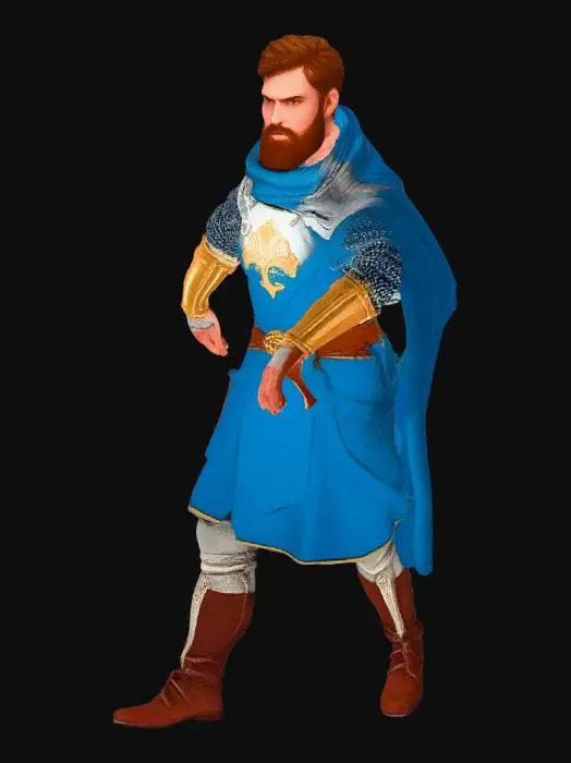 3D model for Full body humanoid male Byzantine knight in T-pose, arms extended straight out from sides, clear gap between arms and torso, palms facing inward, legs straight apart facing forward, fitted white chainmail over blue tunic, gold chest detail, short brown hair with beard, athletic build, leather boots, gold belt, white gold and blue colors, medieval fantasy general, low-poly stylized game character, symmetrical body, plain background, no weapons, no cape, no cloak, no shield, no helmet, empty hands