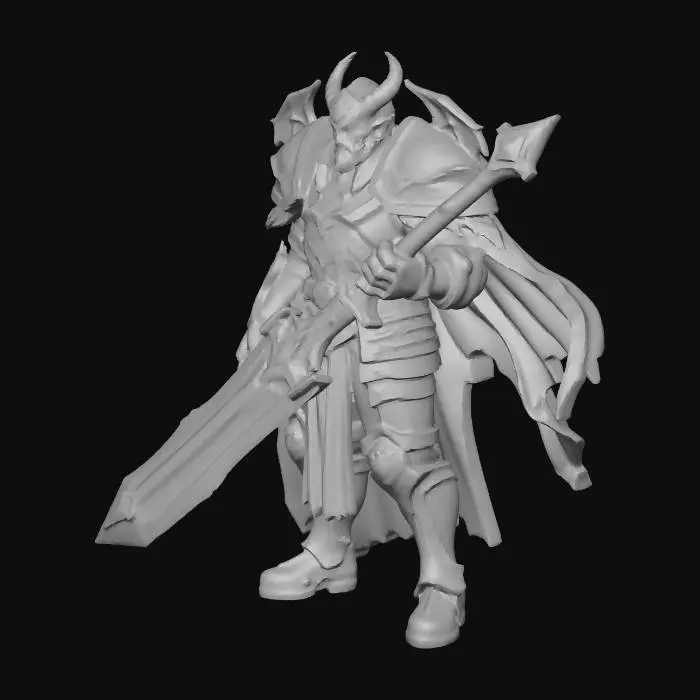 3D model for Full body humanoid dark emperor standing straight in A-pose, arms slightly away from body, legs shoulder width apart, facing forward, menacing ornate black and purple imperial armor with demonic rune engravings, eyepatch over right eye with glowing scar, massive corrupted greatsword with dark energy, flowing tattered cape, dark purple and crimson color scheme, medieval fantasy final boss villain, low-poly stylized game character, clear distinct limbs, symmetrical body, single character on plain background