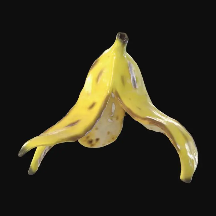 3D model for cartoon banana peel hat 3D model, low poly game asset, yellow banana skin with realistic brown spots and texture, worn as a funny helmet, simple topology, s&box style, game-ready object, humorous character accessory, stylized props
