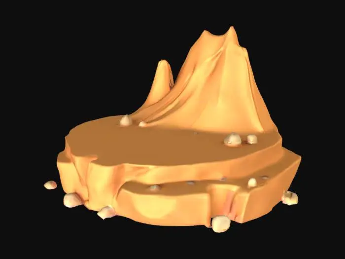 3D model for a plateau with a sharp cliff, covered with sand and rocks, in a cartoon style