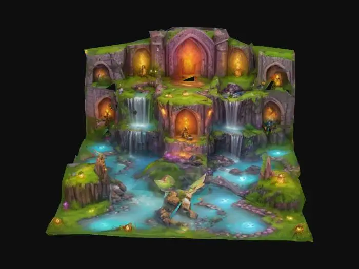 3D model for "Create a magical fantasy baseplate with vibrant terrain. Include walls adorned with glowing runes, sparkling water ponds, cascading waterfalls, luscious grass, majestic misty mountains, and scattered mystical creatures like fairies and unicorns. The ambiance should feel enchanting and alive."
