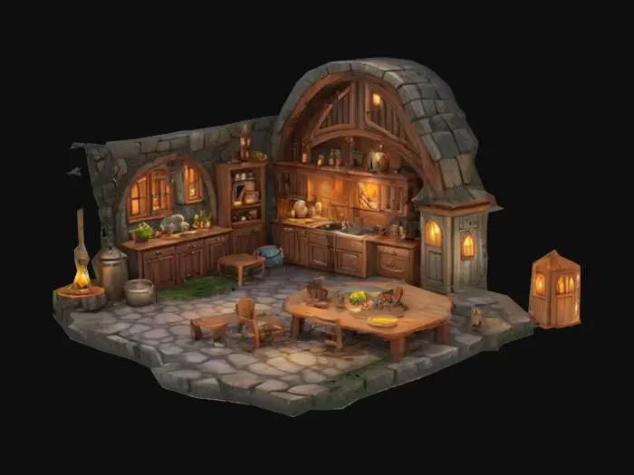 3D model for "Design magical, functional homes for players. Include cozy kitchens for cooking, gathering spaces, and enchanting decor for a warm, inviting atmosphere."