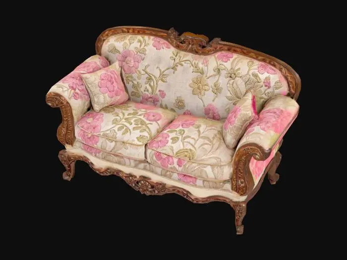 3D model for 
{
  "Object": "Ornate Victorian-style loveseat upholstered in floral fabric",
  "Material": "Wooden carved frame, embroidered cushions",
  "Shape/Form": "Curved backrest with plush seat and scrolled arms",
  "Color Scheme": "Ivory base with pink and green floral upholstery",
  "Texture Details": "Velvet or linen seat, carved wood detail, tufted cushions",
  "Style": "Stylized",
  "Environment/Use Context": "Used in a vintage living room or whimsical tea lounge",
  "Reference Models": "Inspired by French rococo or shabby chic sofas"
}






