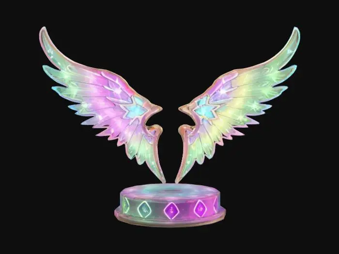 3D model for Stylized wing display stand with floating magic wing frame, glowing base ring, enchanted sparkles, fantasy boutique design, pastel shimmer materials, Roblox optimized, game-ready”

