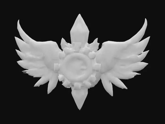 3D model for #emblem#, Industrial fantasy emblem featuring a glowing crystal core surrounded by gear-like wings, fire sparks, and glowing circuitry. Trimmed in molten gold and rainbow hologlass. Meant for high-rank crafting or upgrade quests. Fully modeled, sealed mesh, game-optimized. , #emblem#, 

