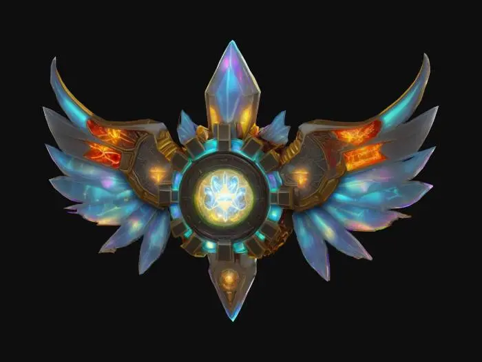 3D model for #emblem#, Industrial fantasy emblem featuring a glowing crystal core surrounded by gear-like wings, fire sparks, and glowing circuitry. Trimmed in molten gold and rainbow hologlass. Meant for high-rank crafting or upgrade quests. Fully modeled, sealed mesh, game-optimized. , #emblem#, 
