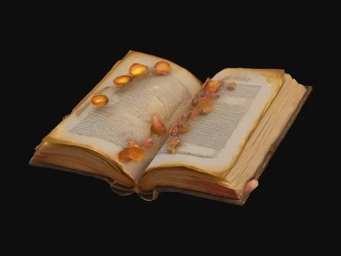 3D model for Open enchanted book with glowing golden script on aged pages, magical petals floating above pages, flower-covered archway embossed along inner cover border, warm sunset light radiates from the center crease, stylized fantasy tome, game-ready and watertight mesh

