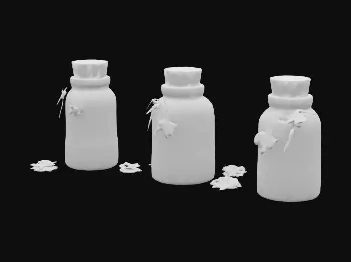 3D model for Low-poly glass jars filled with shimmering fairy dust, sealed with corks and flower charms, stylized glowing bedtime detail.