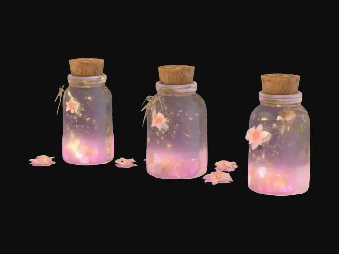 3D model for Low-poly glass jars filled with shimmering fairy dust, sealed with corks and flower charms, stylized glowing bedtime detail.