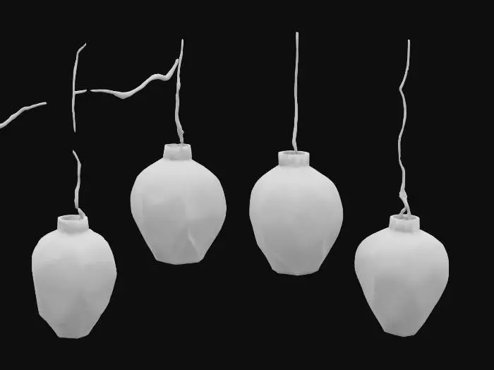 3D model for Low-poly paper lanterns shaped like leaves with glowing cores, suspended from twine vine cords, stylized ambient lighting.