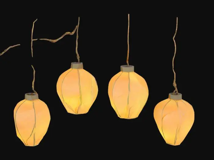 3D model for Low-poly paper lanterns shaped like leaves with glowing cores, suspended from twine vine cords, stylized ambient lighting.