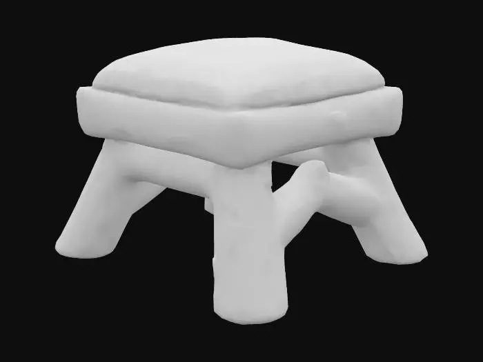 3D model for Low-poly stool made from bark planks and moss padding, collapsible wood cross-frame, stylized cozy seating for caravans