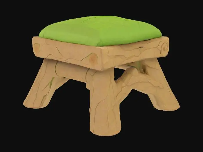 3D model for Low-poly stool made from bark planks and moss padding, collapsible wood cross-frame, stylized cozy seating for caravans