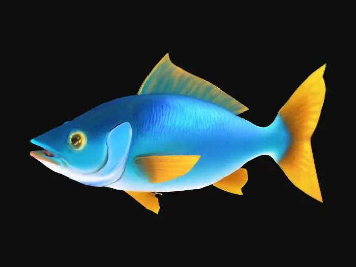 3D model for Object: Side-swimming glowing fish
Material: Glowing lure, scale body
Shape/Form: Angled head, flowing fins
Color Scheme: Blue, cyan, gold glow
Texture Details: Luminescent lure tip
Style: Stylized
Environment: Ambient fish NPC