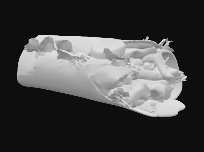 3D model for Doner kebab wrap with grilled meat, fresh vegetables, and sauces, illuminated by bright, even front lighting with soft shadows, showcasing vibrant colors and glossy highlights.