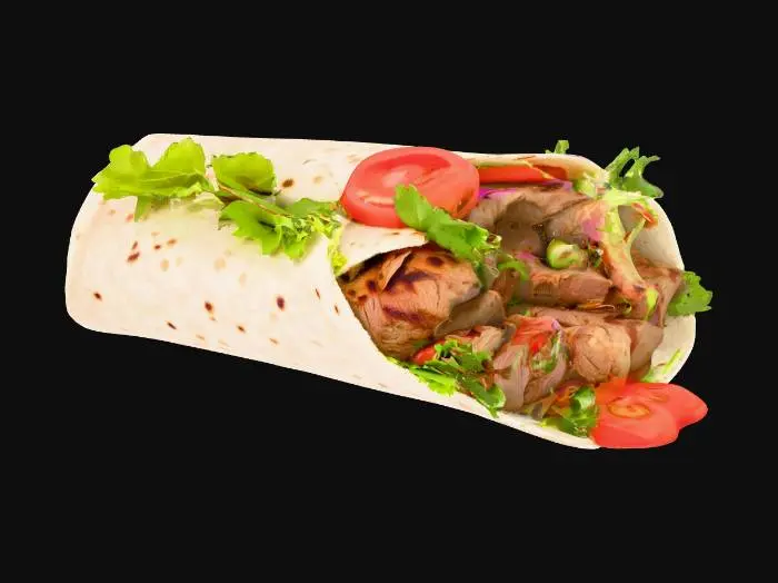 3D model for Doner kebab wrap with grilled meat, fresh vegetables, and sauces, illuminated by bright, even front lighting with soft shadows, showcasing vibrant colors and glossy highlights.