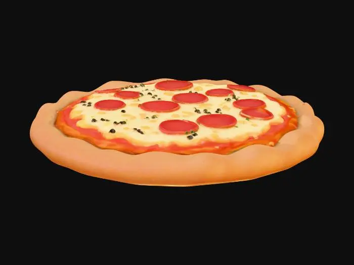 3D model for A delicious pizza with melted cheese, pepperoni, and crisp crust, designed in a vibrant, highly polished 3D Disney-Pixar character style, rounded features, expressive cartoon charm, clear background style