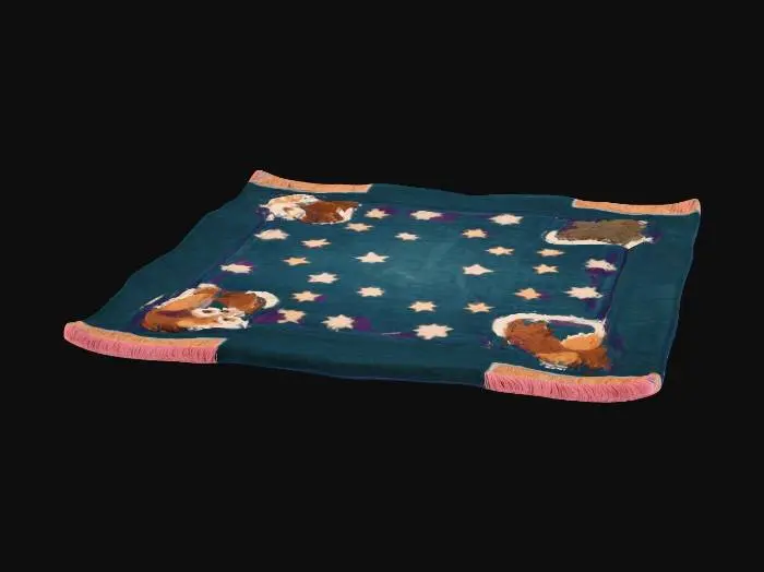 3D model for Design a cozy, rectangular bedroom rug with a fantasy-inspired pattern. The rug should feature soft, plush textures in rich tones like midnight blue, deep plum, or forest green. Include embroidered designs of stars, moons, or mystical creatures like owls or foxes. The border should have a subtle fringe or braided edge, and the center pattern should evoke warmth and wonder. Ideal for grounding a magical bedroom space and adding comfort underfoot.
