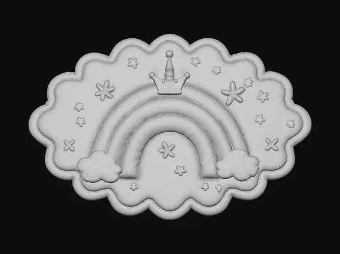 3D model for Design a soft, oval-shaped princess rug with a plush texture and scalloped edges. Use pastel colors like rose, lilac, or mint, with embroidered patterns of crowns, stars, and butterflies. The center should feature a magical crest or monogram surrounded by floral swirls. The rug should feel cozy, elegant, and perfect for a royal bedroom floor.