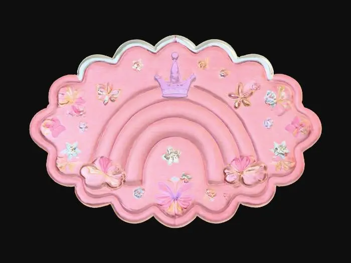 3D model for Design a soft, oval-shaped princess rug with a plush texture and scalloped edges. Use pastel colors like rose, lilac, or mint, with embroidered patterns of crowns, stars, and butterflies. The center should feature a magical crest or monogram surrounded by floral swirls. The rug should feel cozy, elegant, and perfect for a royal bedroom floor.