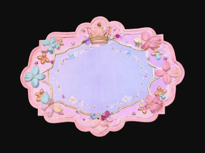 3D model for Design a soft, oval-shaped princess rug with a plush texture and scalloped edges. Use pastel colors like rose, lilac, or mint, with embroidered patterns of crowns, stars, and butterflies. The center should feature a magical crest or monogram surrounded by floral swirls. The rug should feel cozy, elegant, and perfect for a royal bedroom floor.