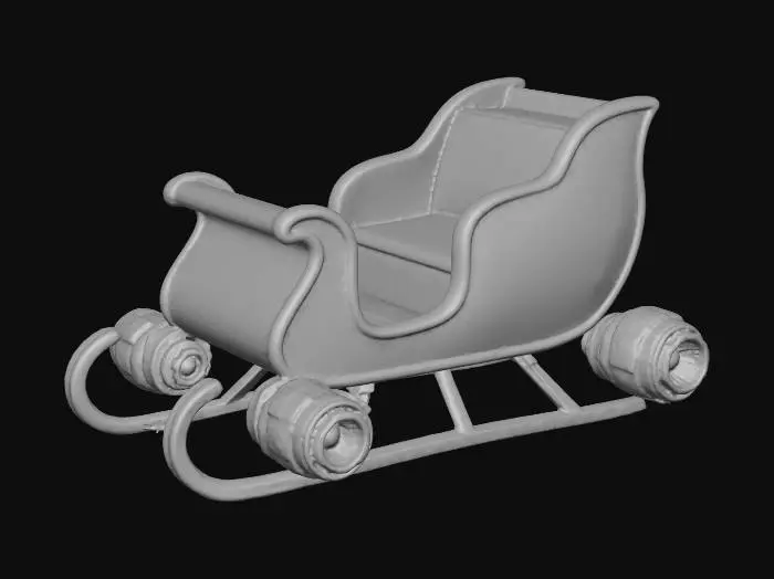 3D model for Santa’s sleigh upgraded with futuristic neon hover-engines flying over a cyberpunk Christmas city