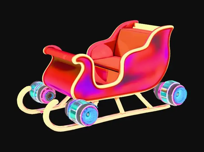 3D model for Santa’s sleigh upgraded with futuristic neon hover-engines flying over a cyberpunk Christmas city