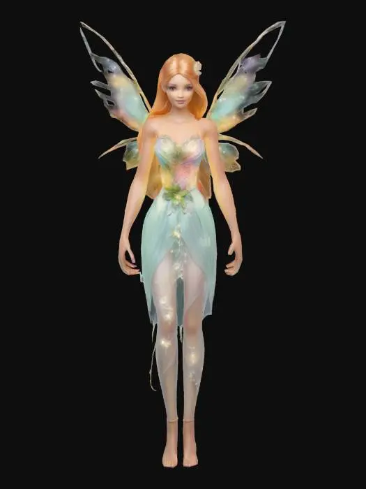 3D model for "Create a stunning, highly detailed 3D fairy with delicate, shimmering wings, flowing hair, and an ethereal gown inspired by nature. Include customizable options for hairstyles, wing patterns, and gown colors, with materials like silk, organza, and glowing accents. Add intricate features such as floral embellishments, sparkles, and glowing auras. Ensure versatility for both fantasy and magical themes in Roblox, with seamless compatibility for avatar integration and layered clothing."