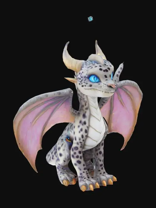 3D model for "Create a fantasy scene with a large dragon-like creature covered in leopard-like spots and glowing blue eyes. Include soft lighting and magical details to enhance the whimsical and enchanting atmosphere."