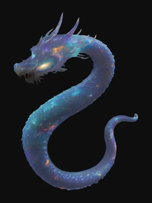 3D model for Above the cosmic horizon, the Celestial Serpent drifts through the vastness of space, its elongated body adorned with shimmering, galaxy-like scales. Each scale reflects the depths of the universe—swirling nebulae, distant stars, and radiant celestial storms. Its eyes glow like twin supernovas, illuminating the void with ethereal brilliance. Trails of stardust cascade behind its undulating form, weaving cosmic energy through the darkness. As it moves, its body shifts effortlessly between dimensions, slipping through interstellar currents like a creature born of the cosmos itself. Silent yet powerful, the Celestial Serpent embodies the infinite, a divine entity gliding through the fabric of reality.