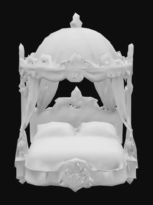 3D model for An extravagant, fairy-tale-like canopy bed with an ornate dome-shaped top, decorated with intricate carvings and luxurious embellishments. The bed is adorned with flowing pink curtains that drape elegantly around its frame, enhancing the dreamy and regal aesthetic. The structure itself boasts elaborate craftsmanship, reminiscent of royalty or an enchanted palace, making it a centerpiece of opulence and fantasy-inspired design