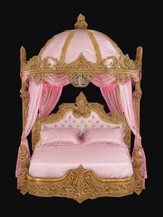 3D model for An extravagant, fairy-tale-like canopy bed with an ornate dome-shaped top, decorated with intricate carvings and luxurious embellishments. The bed is adorned with flowing pink curtains that drape elegantly around its frame, enhancing the dreamy and regal aesthetic. The structure itself boasts elaborate craftsmanship, reminiscent of royalty or an enchanted palace, making it a centerpiece of opulence and fantasy-inspired design