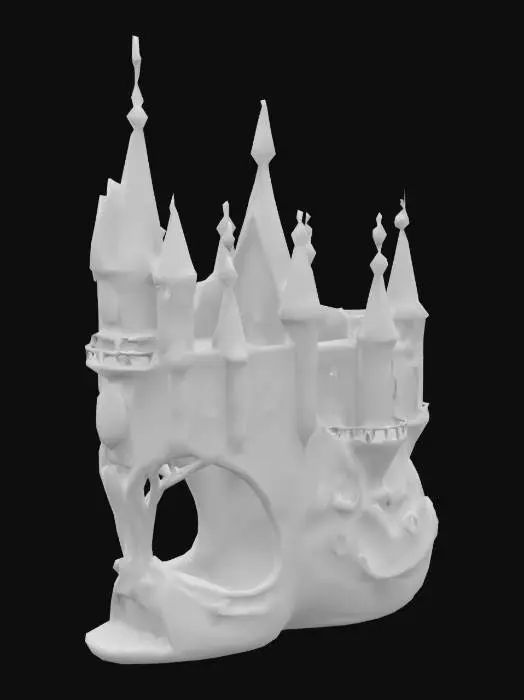 3D model for A fantastical sculpture of a high-heeled shoe transformed into an enchanting castle. The shoe's form seamlessly incorporates architectural elements like turrets, staircases, and illuminated windows, creating a whimsical fusion of fashion and fairytale design. The detailed craftsmanship captures a dreamlike quality, with intricate textures and pointed towers adding to the castle’s grandeur. The overall composition evokes a sense of magic and imagination, making it a stunning and unique artistic masterpiece.