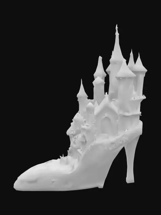 3D model for A fantastical sculpture of a high-heeled shoe transformed into an enchanting castle. The shoe's form seamlessly incorporates architectural elements like turrets, staircases, and illuminated windows, creating a whimsical fusion of fashion and fairytale design. The detailed craftsmanship captures a dreamlike quality, with intricate textures and pointed towers adding to the castle’s grandeur. The overall composition evokes a sense of magic and imagination, making it a stunning and unique artistic masterpiece.