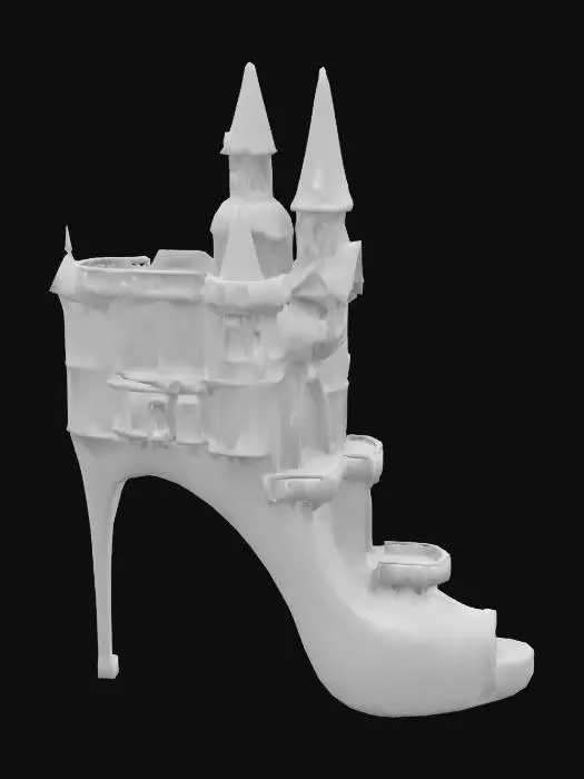 3D model for A fantastical sculpture of a high-heeled shoe transformed into an enchanting castle. The shoe's form seamlessly incorporates architectural elements like turrets, staircases, and illuminated windows, creating a whimsical fusion of fashion and fairytale design. The detailed craftsmanship captures a dreamlike quality, with intricate textures and pointed towers adding to the castle’s grandeur. The overall composition evokes a sense of magic and imagination, making it a stunning and unique artistic masterpiece.