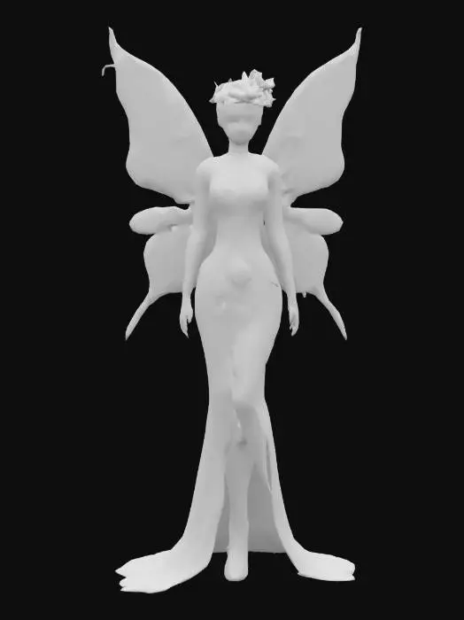 3D model for A stunning fantasy figure adorned in an elaborate, jewel-encrusted outfit with intricate butterfly wings. The wings are primarily pink and purple, decorated with delicate patterns and embellishments that add a magical touch. The corset-like bodice is richly detailed with floral designs and sparkling gems, while the arms and flowing skirt seamlessly continue the ornate aesthetic. The figure's head is crowned with flowers and jewels, enhancing its ethereal and fairy-like presence. The overall composition is mesmerizing, evoking a sense of wonder and enchantment.