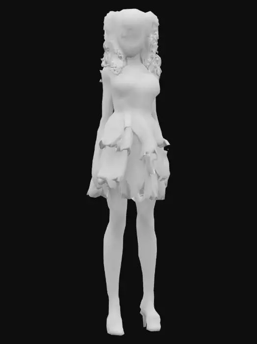 3D model for A stylized 3D female character with deep brown skin standing on a soft pink carpeted runway in an elegant, white classical room with tall columns, draped curtains, and floral arrangements. She has long, voluminous silver-blonde curly pigtails with side-swept bangs. Her outfit is a cream-colored, vintage-inspired dress with structured ruffles, a fitted bodice, and a flared skirt with lace trim. She wears knee-high white stockings and white high heels with straps. Her makeup includes bold red lipstick and dramatic eye makeup, giving her a glamorous, doll-like appearance. The environment is soft, luxurious, and feminine, resembling a fashion runway in a fantasy palace.