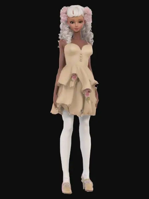 3D model for A stylized 3D female character with deep brown skin standing on a soft pink carpeted runway in an elegant, white classical room with tall columns, draped curtains, and floral arrangements. She has long, voluminous silver-blonde curly pigtails with side-swept bangs. Her outfit is a cream-colored, vintage-inspired dress with structured ruffles, a fitted bodice, and a flared skirt with lace trim. She wears knee-high white stockings and white high heels with straps. Her makeup includes bold red lipstick and dramatic eye makeup, giving her a glamorous, doll-like appearance. The environment is soft, luxurious, and feminine, resembling a fashion runway in a fantasy palace.