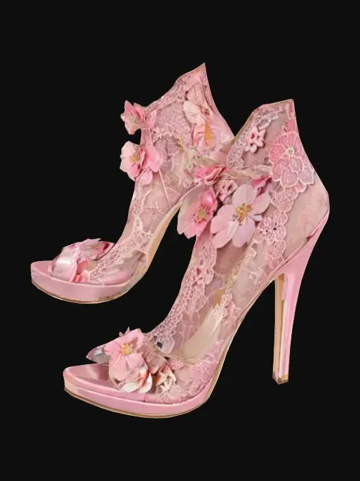 3D model for {
"Object": "High heel shoes adorned with blooming pink flowers and ornate lace",
"Material": "Polished leather, silk floral elements, and lace overlay",
"Shape/Form": "Tall stiletto heels with an open toe and rounded floral heel structure",
"Color Scheme": "Soft pink and ivory tones with blush floral accents",
"Texture Details": "Glossy leather, silky petals, and embroidered textures",
"Style": "Stylized",
"Environment/Use Context": "Displayed as a bridal fashion accessory or art object",
"Reference Models": "Inspired by haute couture floral heels"
}