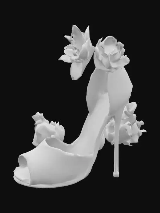 3D model for {
"Object": "High heel shoes adorned with blooming pink flowers and ornate lace",
"Material": "Polished leather, silk floral elements, and lace overlay",
"Shape/Form": "Tall stiletto heels with an open toe and rounded floral heel structure",
"Color Scheme": "Soft pink and ivory tones with blush floral accents",
"Texture Details": "Glossy leather, silky petals, and embroidered textures",
"Style": "Stylized",
"Environment/Use Context": "Displayed as a bridal fashion accessory or art object",
"Reference Models": "Inspired by haute couture floral heels"
}