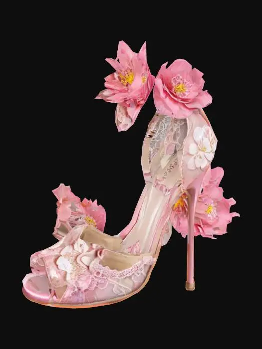 3D model for {
"Object": "High heel shoes adorned with blooming pink flowers and ornate lace",
"Material": "Polished leather, silk floral elements, and lace overlay",
"Shape/Form": "Tall stiletto heels with an open toe and rounded floral heel structure",
"Color Scheme": "Soft pink and ivory tones with blush floral accents",
"Texture Details": "Glossy leather, silky petals, and embroidered textures",
"Style": "Stylized",
"Environment/Use Context": "Displayed as a bridal fashion accessory or art object",
"Reference Models": "Inspired by haute couture floral heels"
}