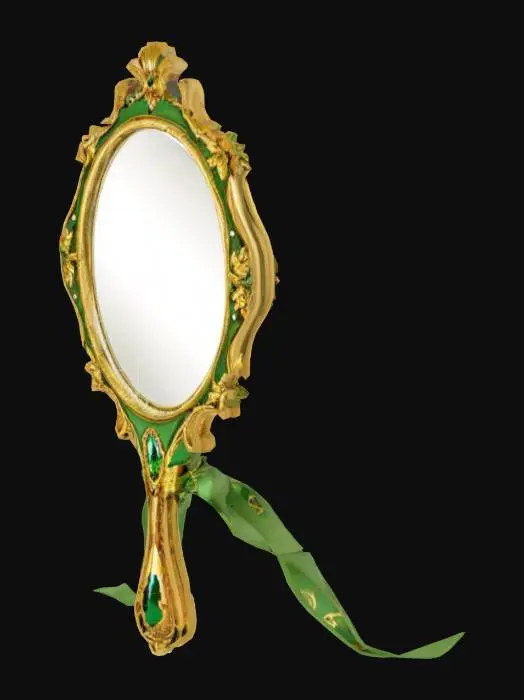 3D model for {
  "Object": "Vintage hand mirror with ornate floral frame and green ribbon",
  "Material": "Polished brass, enamel floral detailing, reflective glass",
  "Shape/Form": "Oval mirror with curved handle and embossed border",
  "Color Scheme": "Antique gold with green and yellow floral accents",
  "Texture Details": "Smooth glass surface, engraved metal frame, silky ribbon",
  "Style": "Stylized",
  "Environment/Use Context": "Displayed on a vintage vanity or in a fairy tale setting",
  "Reference Models": "Inspired by Victorian hand mirrors with botanical embellishments"
}

