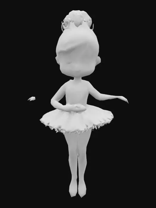 3D model for Object": "Cartoon ballerina girl with a lilac tutu dress and tiara",
  "Material": "Silk tutu, satin shoes, gemstone tiara",
  "Shape/Form": "Childlike stylized proportions with large eyes and flowing skirt",
  "Color Scheme": "Lavender, soft purple, and silver details",
  "Texture Details": "Soft fabric folds, shiny ballet shoes, glitter accents",
  "Style": "Stylized character",
  "Environment/Use Context": "Used in fairy tale or ballerina-themed game",
  "Reference Models": "Inspired by Disney-style princess and dance dolls"
}
